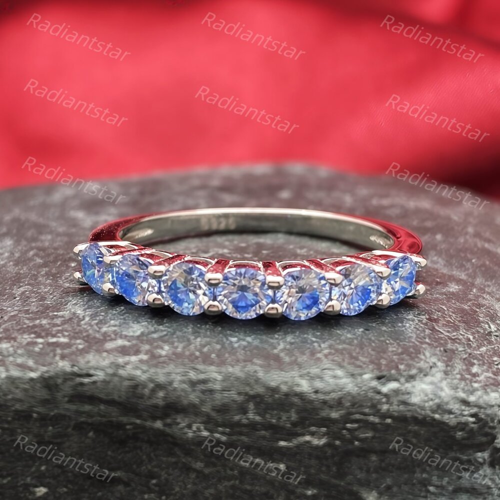 NEW Certified 3mm Royal Blue Moissanite 7 Stone Half Eternity Band Ring